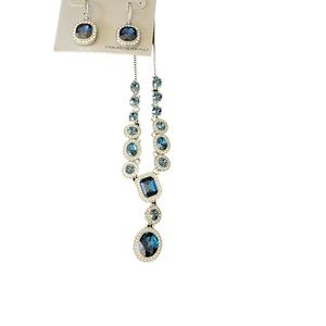 Blue and white crystal lariat, necklace, and earrings